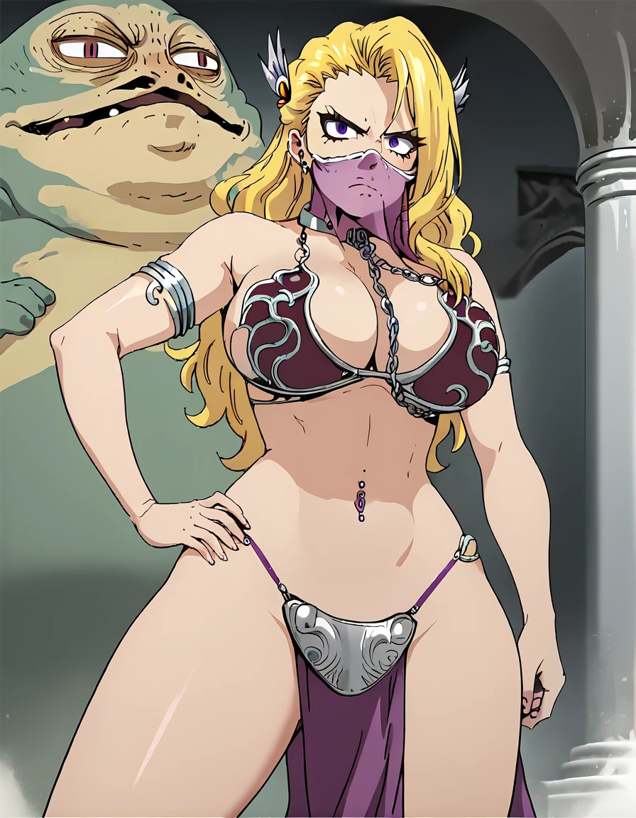 Kiria, solo, blonde hair, long hair, purple eyes, score_9, score_8_up, score_7_up, source_anime, best quality, solo, clear face, huge breasts, perfect body, looking at viewer, slave, slave bikini, palace, standing, dynamic angle, high leg thong, big ass, wide hips, navel piercing, pelvic curtain, mouth veil, hand on hip, angry, Jabba the Hutt, couple