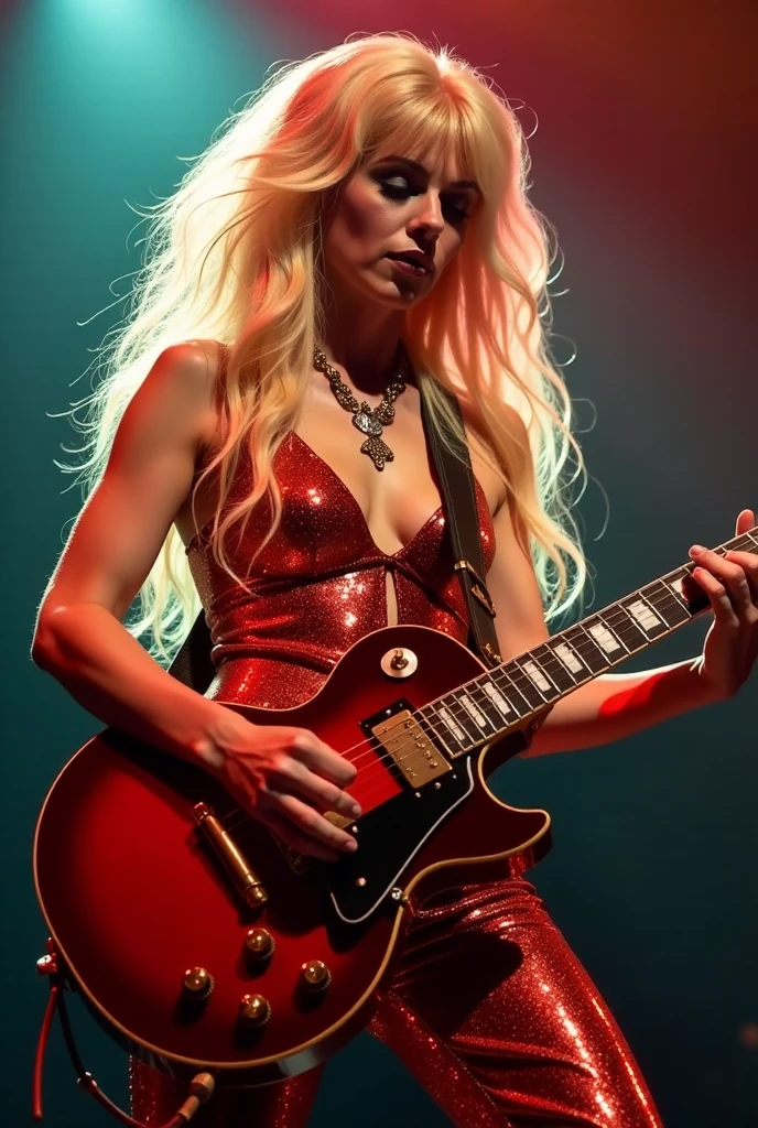   (( glam rock stage performance)),(１９７０Era),(rock guitarist),(Blonde_Long Hair_Perm Hair),(All costumes sparkle with sequins ),(Pantaloons),(boots),(choking vibrato),(Gibson　les paul guitar),