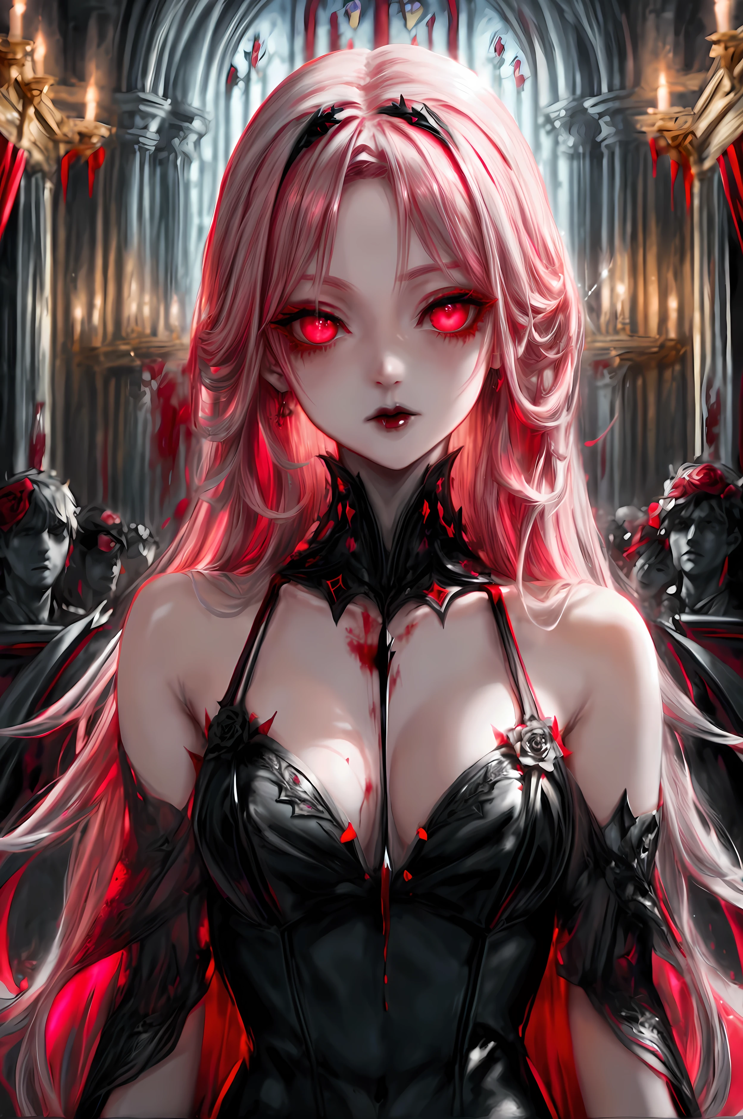 score_9, score_8_up, score_7 Arafed, dark fantasy art, glamour shot, award winning shot, photorealistic, a portrait of a female vampire drinking a ((glass of blood)), pink hair, long hair, red lips, glowing eyes, there is an imprint of white rose, dynamic color, she wears, an elegant (black dress: 1.5), catholic church and altar background, bar background, 16k, ultra detailed, masterpiece, best quality, (extremely detailed), Dark Art Painting Style