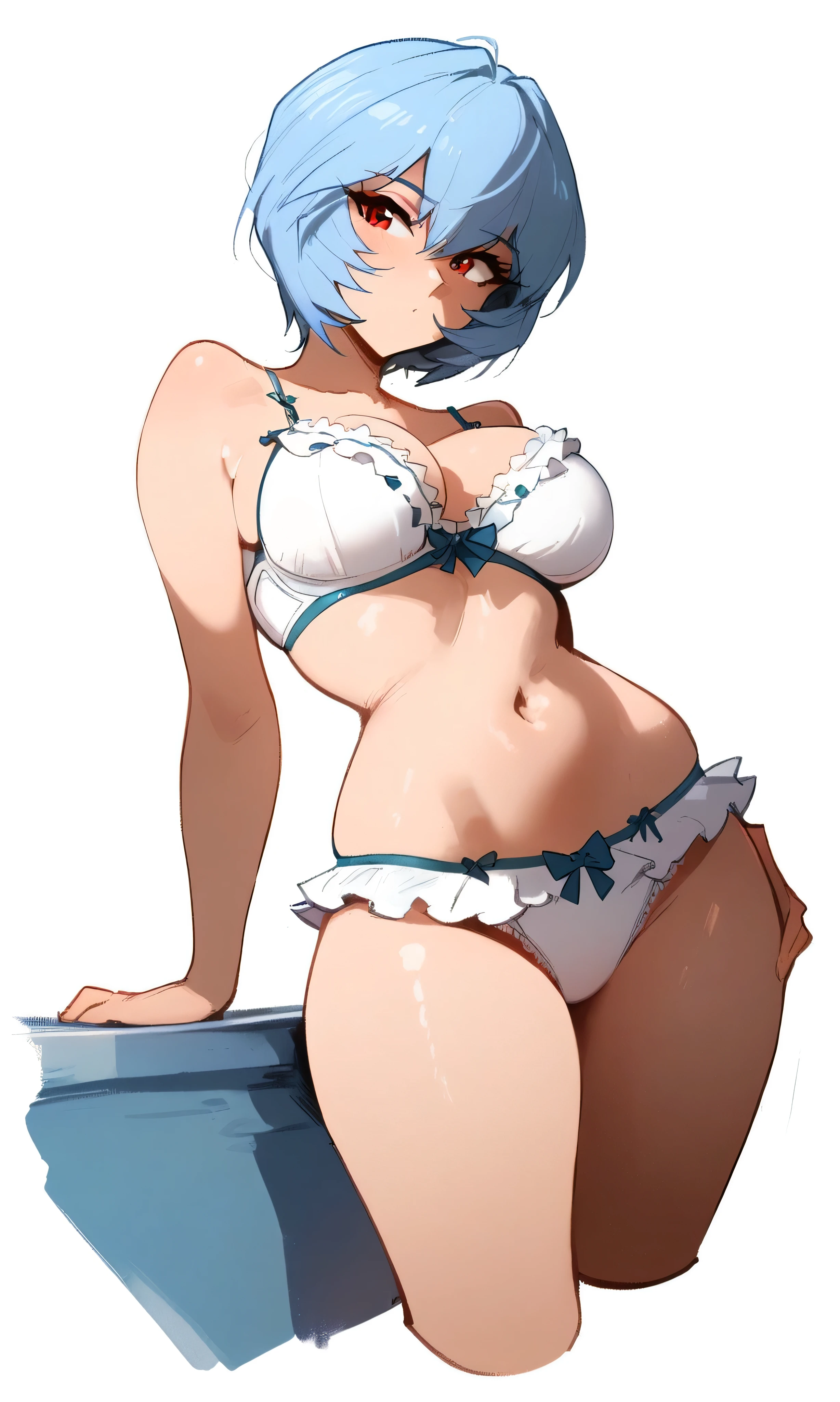 1girl, ayanami rei, neon genesis evangelion
\\\\\ masterpiece, best quality, newest ///// nyantcha, khyle, cutesexyrobutts \\\\\ slim,, thin waist, solo, looking at viewer, white background, simple background,, cropped legs,, big breasts, frilled bra, panties, bow bra, bow panties, frilled panties