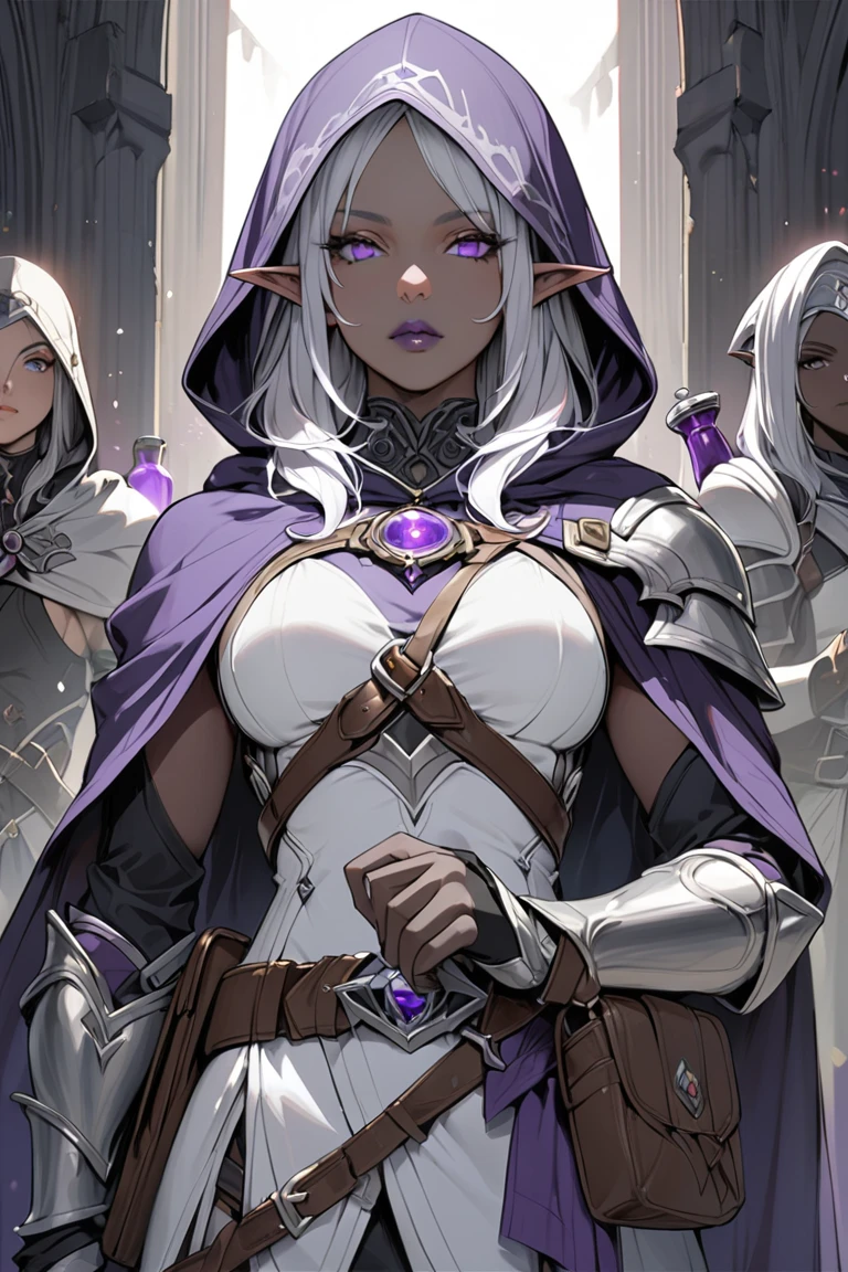 Drow,  Pointed ears, Solitary, Elf, hood, Skin of color, looking at the audience, Long silver hair, cloak, dark Elf, hood up, cape, hooded cloak, belt, pouch, Lavender-colored eyes, Gray skin, Upper Body, arms, Lips, armor, Black/White Badge, potion belt, smith tools on belt,((masterpiece, best quality))