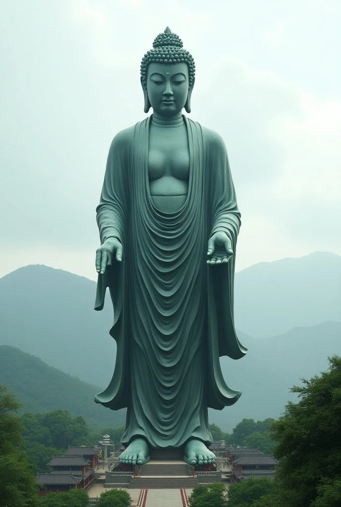 Giant Buddha statue, A small amount of moss,stone, Texture, Tall, Majestic,Back to the mountains,illumination,Ancient stone statues,frontage,Pilgrims on the road,Clear facial features,No leakage of the body,amd more people near