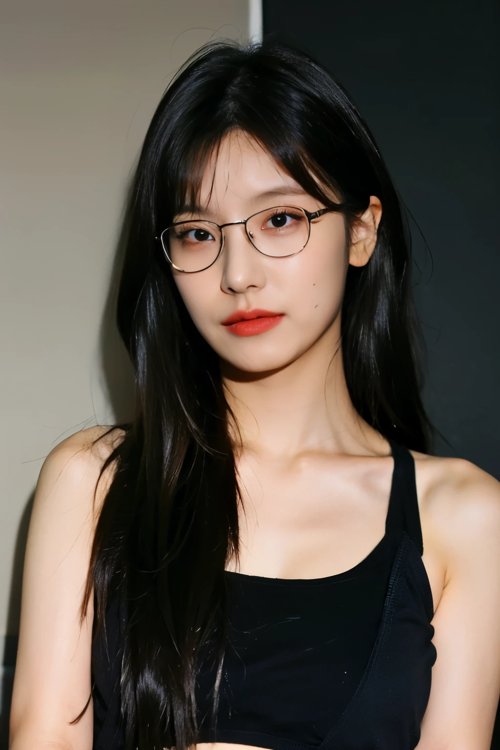 cute face, STANDING, (highres,masterpiece:1.2),ultra-detailed,realistic,professional, Beautiful body、Abdominal muscles,beautiful detailed eyes,beautiful detailed lips,dark hair,LONG black hair WITH BANG,red glasses,stunning black eyes,clear skin,18-year-old girl,fashionable LONG HAIR style WITH BANG,vibrant red glasses,Shinobi Academy,fierce determination,confident posture,crimson outfit, background filled with ninjutsu techniques,shadows cleverly accentuating her features,subtle studio lighting,sublime realism,striking color tones, arm up, dynamic pose, medium breasts,