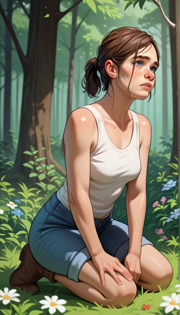   High resolution,   masterpiece  , necessary,    anatomically correct , Detail, 1 girl, Ellie Williams ,  The Last of Us Part 2 , in the forest, kneeling, white tanktop ,ohxw photo, ellie