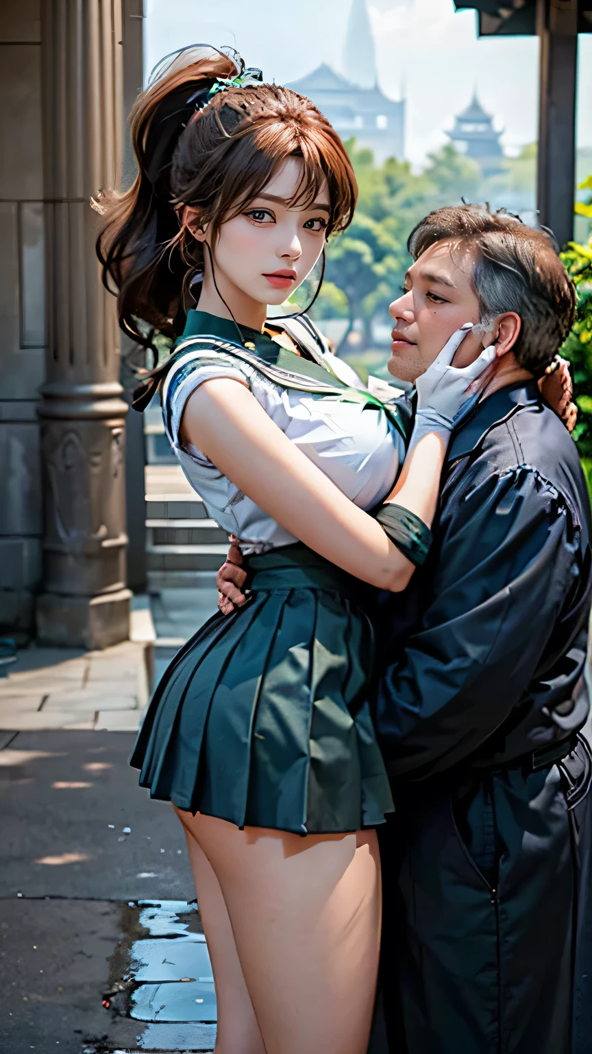 masterpiece, 最High image quality, High image quality, high definition, High image quality feel,((( one 18 year old woman and one fat 60 year old man))), (((A man is hugging a woman, a man's hand is resting his hand on a woman's chest))),( Intricate Details , Compensate, Pure Eros Face_v1:0.5),((Smooth texture, Realistic Textures, Realistic)), ( beautiful and delicate in every detail , Beautiful eye details, Perfectly balanced face,Detailed skin), (( beautiful face, Cute face, detail face ),Big Eyes,Beautiful eye details, beautiful eyelashes , Emerald Eyes ), Beautiful Skin, glowing skin ,( big breasts at the temple, Clevis:1.5), ( big butt ,Wide ass, tight round butt ),((( dark brown medium long hair , ponytail))), ((( sailor shirt , Sleeveless, front opening))), (((緑色の miniskirt))), ((Exposed skin on shoulder)), White underwear , Sexy Underwear, Sailor Jupiter , circlet, Hair Ties, hair accessories, ( parted bangs :1.5), Gloves, earrings for a woman alone, Gloves, green choker , Green Stone, Green Sailor Color , Green Skirt , jewelry, miniskirt, Pink tie , pleated skirt, white Gloves, white shirt ,((Dark brown hair)), full body shot , stand with feet shoulder-width apart ,((( angle from the front))),(( observe viewers 1 .3)),((( Positive ))),(((A man stands behind a woman:1.5))),A man is putting his hand on a woman's chest , a man's arm is holding a woman's arm ,The woman is holding back her skirt ,clothes tug,skirt tug,dress tug,shirt tug,sweater tug,Wind,wind lift,A man is kissing a woman ,