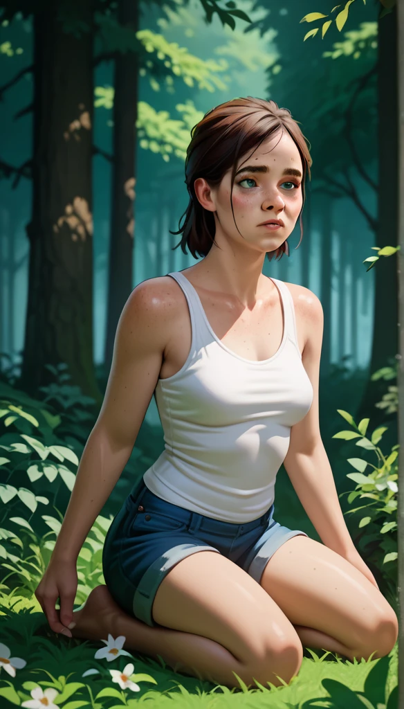   High resolution,   masterpiece  , necessary,    anatomically correct , Detail, 1 girl, Ellie Williams ,  The Last of Us Part 2 , in the forest, kneeling, white tanktop ,ohxw photo, ellie