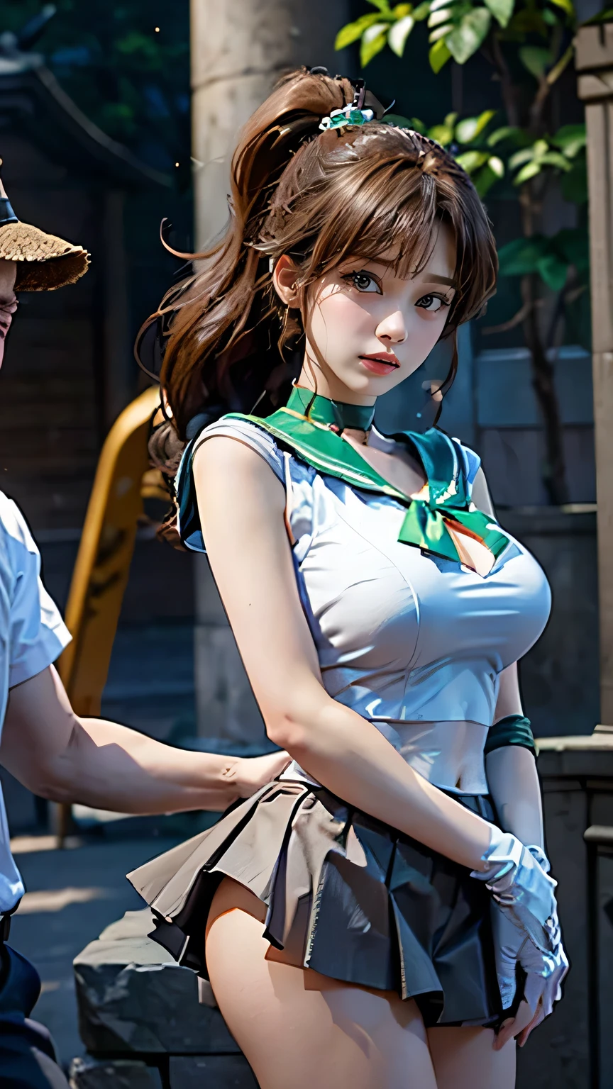 masterpiece, 最High image quality, High image quality, high definition, High image quality feel,((( one 18 year old woman and one fat 60 year old man))), (((A man is hugging a woman, a man's hand is resting his hand on a woman's chest))),( Intricate Details , Compensate, Pure Eros Face_v1:0.5),((Smooth texture, Realistic Textures, Realistic)), ( beautiful and delicate in every detail , Beautiful eye details, Perfectly balanced face,Detailed skin), (( beautiful face, Cute face, detail face ),Big Eyes,Beautiful eye details, beautiful eyelashes , Emerald Eyes ), Beautiful Skin, glowing skin ,( big breasts at the temple, Clevis:1.5), ( big butt ,Wide ass, tight round butt ),((( dark brown medium long hair , ponytail))), ((( sailor shirt , Sleeveless, front opening))), (((緑色の miniskirt))), ((Exposed skin on shoulder)), White underwear , Sexy Underwear, Sailor Jupiter , circlet, Hair Ties, hair accessories, ( parted bangs :1.5), Gloves, earrings for a woman alone, Gloves, green choker , Green Stone, Green Sailor Color , Green Skirt , jewelry, miniskirt, Pink tie , pleated skirt, white Gloves, white shirt ,((Dark brown hair)), full body shot , stand with feet shoulder-width apart ,((( angle from the front))),(( observe viewers 1 .3)),((( Positive ))),(((A man stands behind a woman:1.5))),A man is putting his hand on a woman's chest , a man's arm is holding a woman's arm ,The woman is holding back her skirt ,clothes tug,skirt tug,dress tug,shirt tug,sweater tug,Wind,wind lift,A man is kissing a woman ,