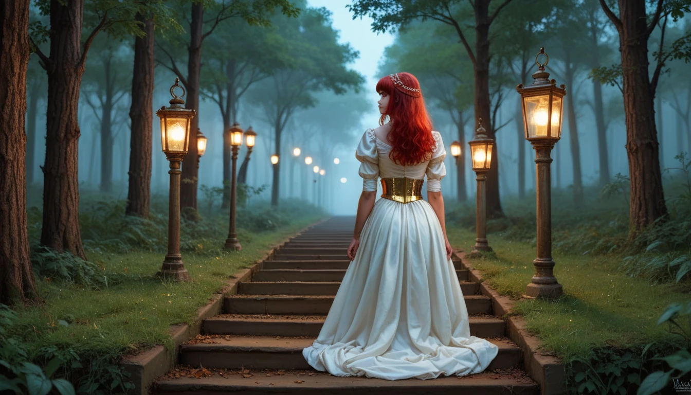 hdr, 8k, absolute reality....((On the left of the scene)), a beautiful English woman, cute, white skin, thin gold belt, unusual beauty, long straight red hair, back, Egyptian style with bangs, in a tight and short blue dress, Victorian style, dense closed forest, grass, leaves on the ground, many thick and tall trees, lamp in the trees lighting the way, night,, In the center, a large staircase of ((white ivory, with gold)), rises to a circular three-dimensional portal of light glowing red,