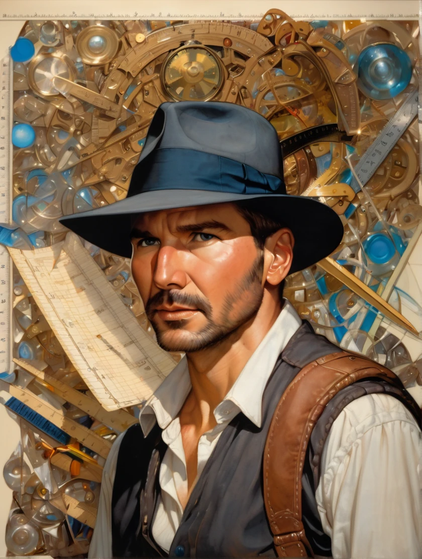 Indiana Jones persona in the style of Sveta Dairsheva and Hsiao Ron,hyper realistic,Grant,Surrealism,dark art by james jean,Alphonse Mucha,air,Chalk blue,Fresia ,Bubonic brown,White Acorn and Adobe, (holding a trasparent ruler long 1 meter above the head like a relic: 1.5), movie poster