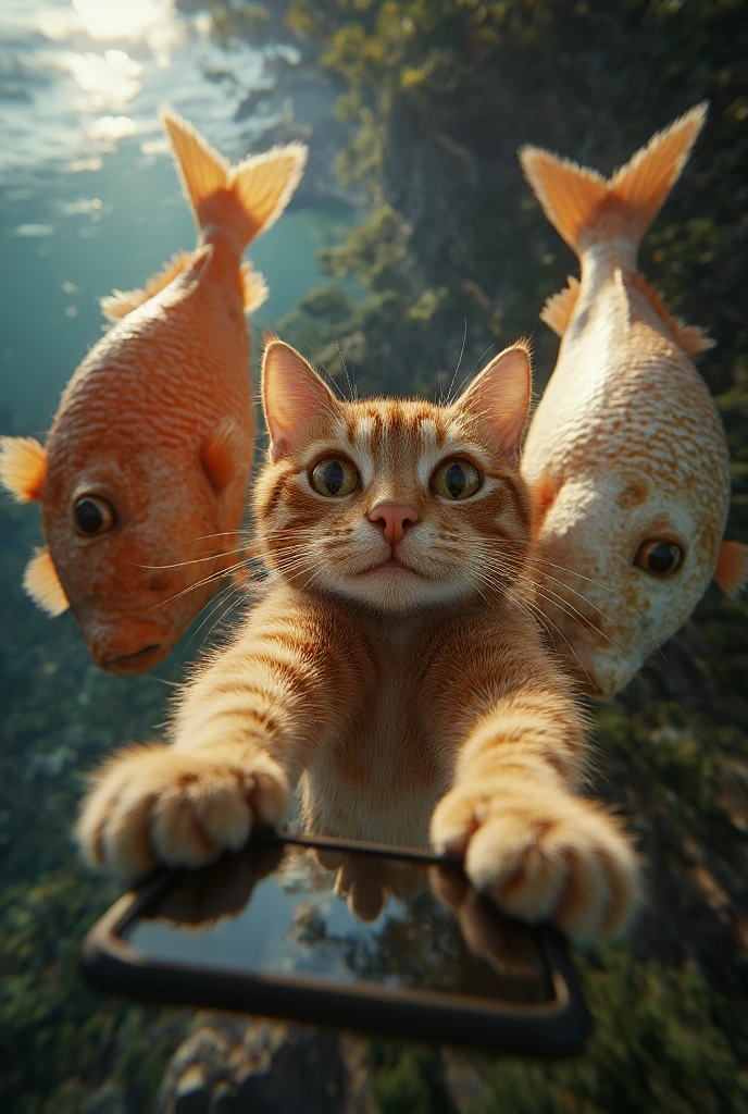  looking at the camera an orange cat taking a selfie between two fish,  impressive image , Realistic focus on cat 