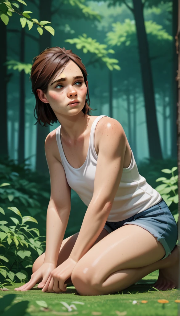   High resolution,   masterpiece  , necessary,    anatomically correct , Detail, 1 girl, Ellie Williams ,  The Last of Us Part 2 , in the forest, kneeling, white tanktop ,ohxw photo, ellie