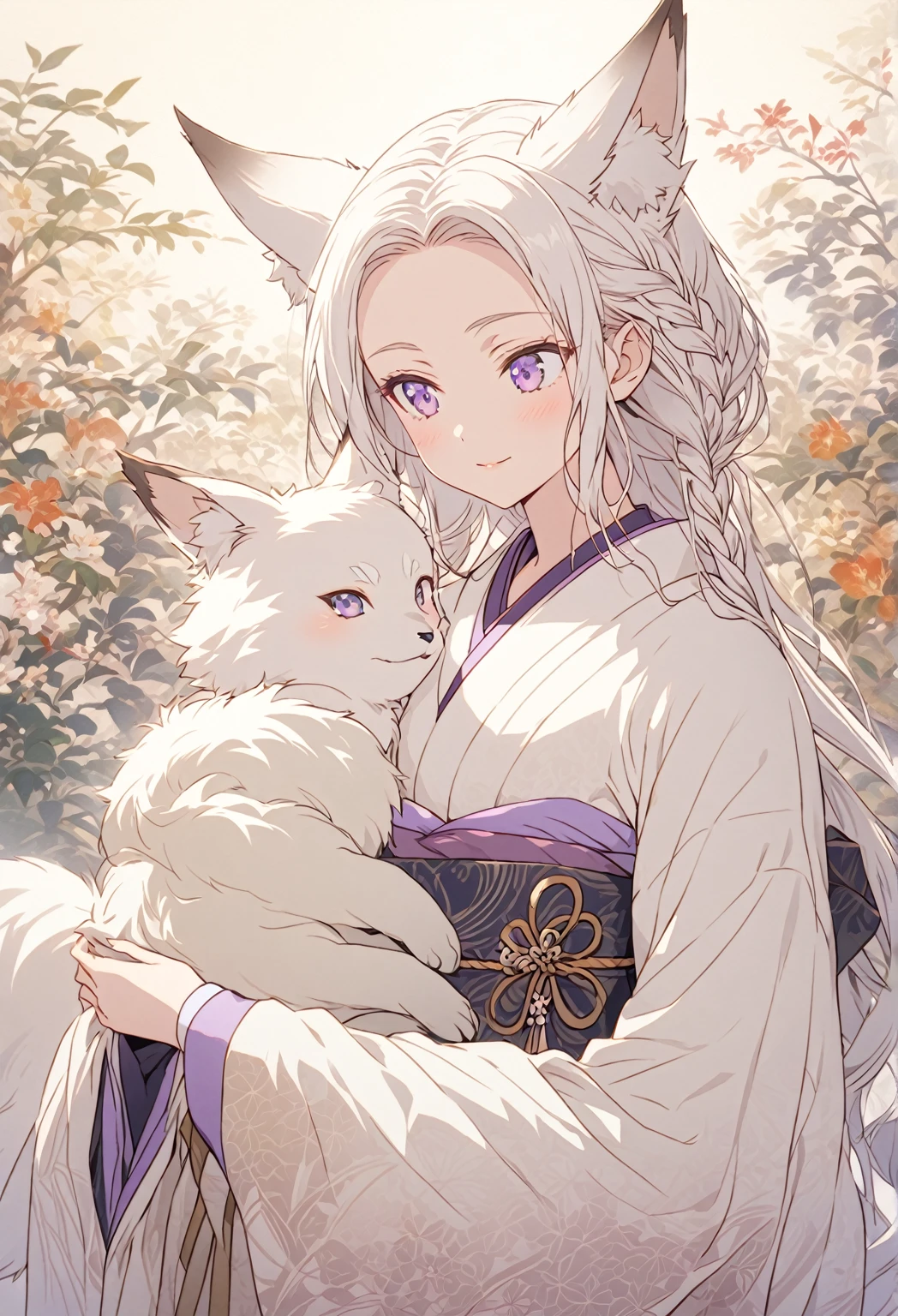 Create an anime-style image of Aiko, an elegant fox girl with a graceful and motherly aura. She has long, white hair styled in a side braid, soft, fluffy fox ears, and light purple eyes that radiate warmth and kindness. Her expression is gentle and slightly mischievous, conveying both confidence and a caring nature. She is dressed in a traditional Japanese-inspired outfit with flowing fabrics, subtle patterns, and a color palette of soft pastels and earthy tones, highlighting her nurturing elegance. The background is soft and serene, complementing her warm presence.