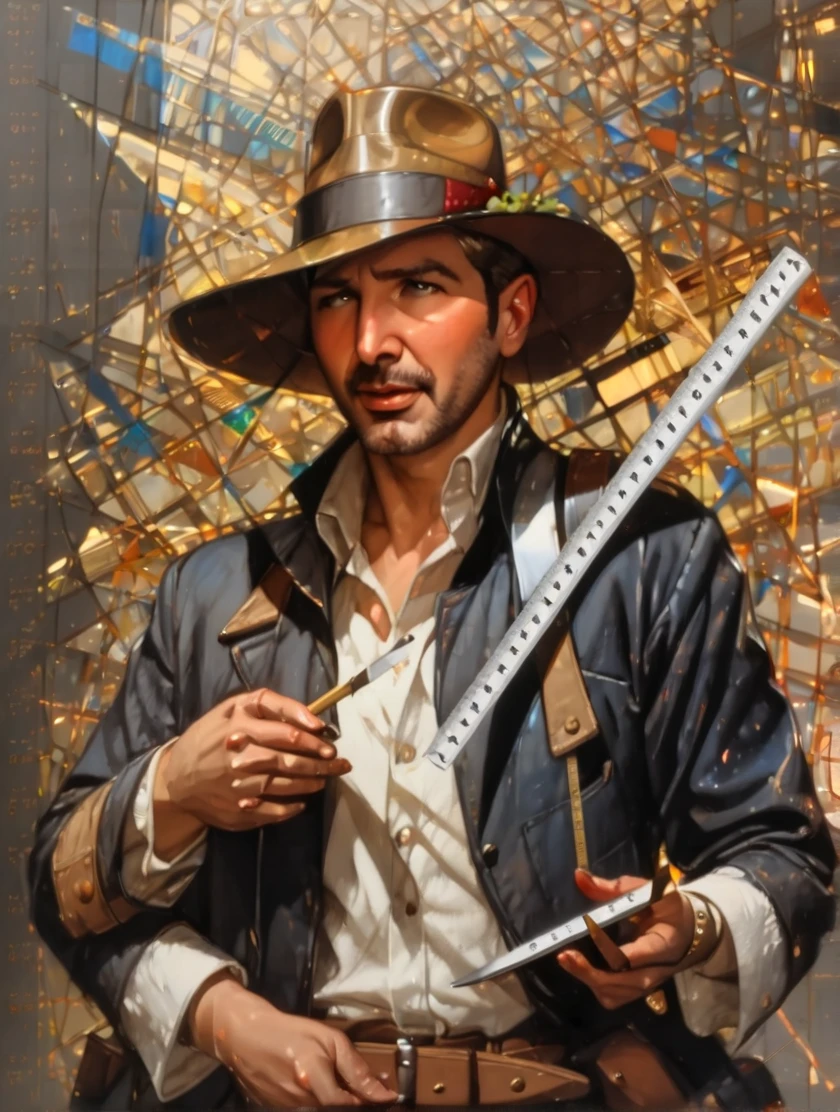 Indiana Jones persona in the style of Sveta Dairsheva and Hsiao Ron,hyper realistic,Grant,Surrealism,dark art by james jean,Alphonse Mucha,air,Chalk blue,Fresia ,Bubonic brown,White Acorn and Adobe, (holding a trasparent 1 meter ruler above the head: 1.8), movie poster