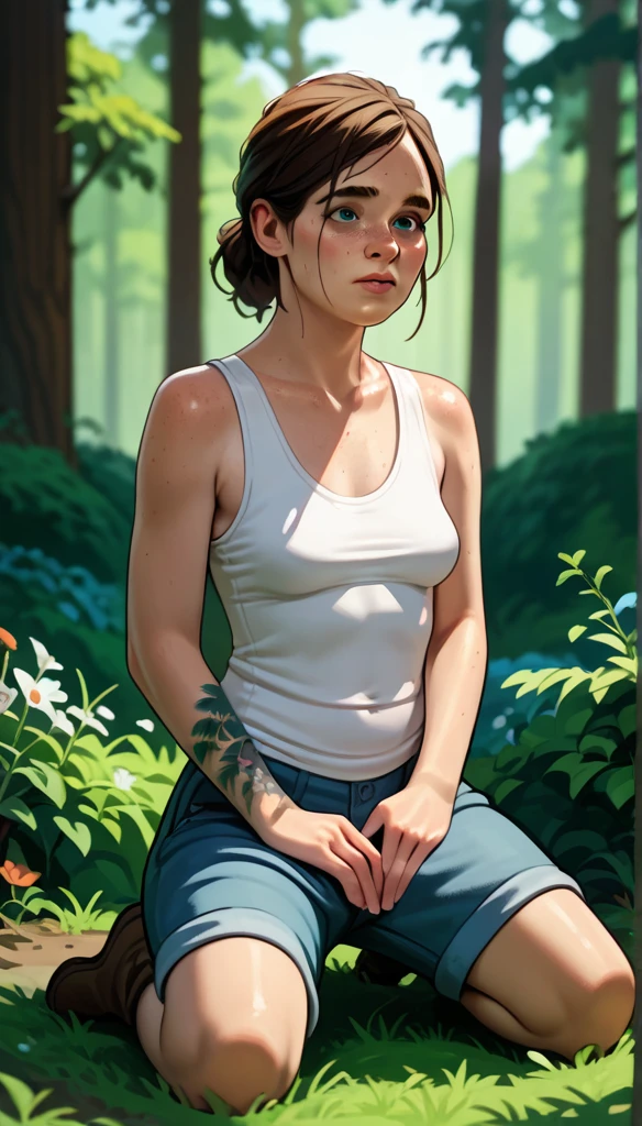   High resolution,   masterpiece  , necessary,    anatomically correct , Detail, 1 girl, Ellie Williams ,  The Last of Us Part 2 , in the forest, kneeling, white tanktop ,ohxw photo, ellie, saggy