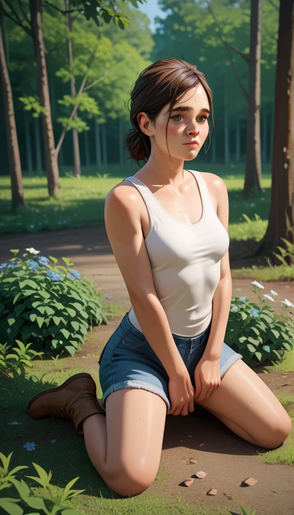   High resolution,   masterpiece  , necessary,    anatomically correct , Detail, 1 girl, Ellie Williams ,  The Last of Us Part 2 , in the forest, kneeling, white tanktop ,ohxw photo