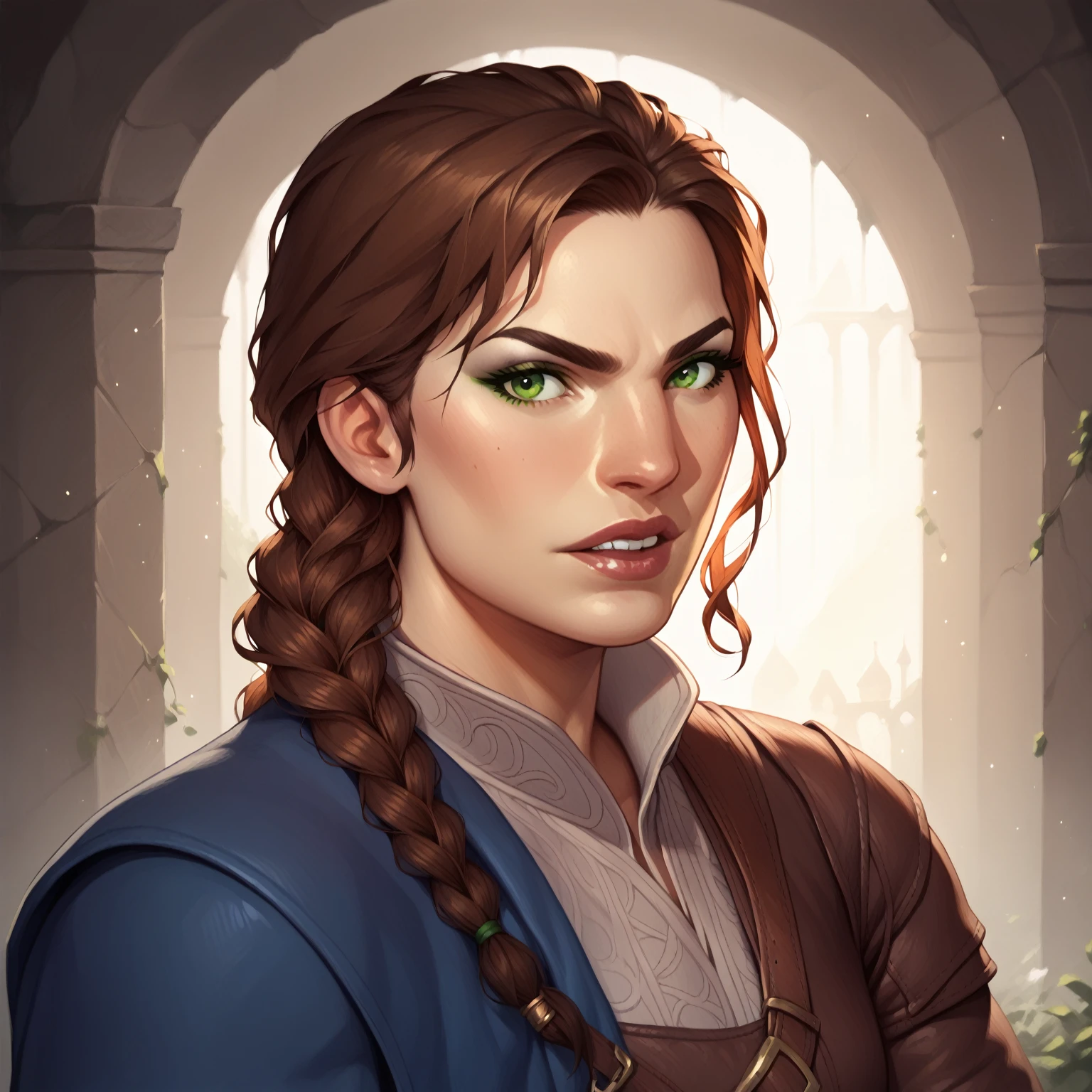 (((beautiful, high quality, comics style, detailed face))), score_9, score_8_up, score_7_up, BREAK, 1woman, brunette, green eyes, warrior, solo, portrait, upper body, portrait, serious expression, bearing teeth, greek city background, fantasy, (dynamic lighting:1.1) ((masterpiece))