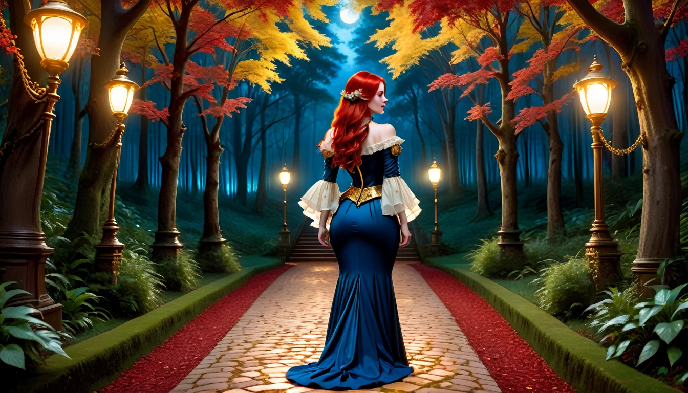 hdr, 8k, absolute reality.... dark night, ((Left of the scene)), a beautiful English woman, cute, white skin, thin gold belt, unusual beauty, long straight red hair, from the back, in a tight and short blue Victorian-style dress, is standing on a reddish-paved path, dense closed forest, lawn, colorful leaves on the ground, many thick and tall trees, lamp in the trees illuminating the way, night,, In the center, a large staircase of ((white ivory, with gold)), rises to a circular three-dimensional portal of light glowing red,