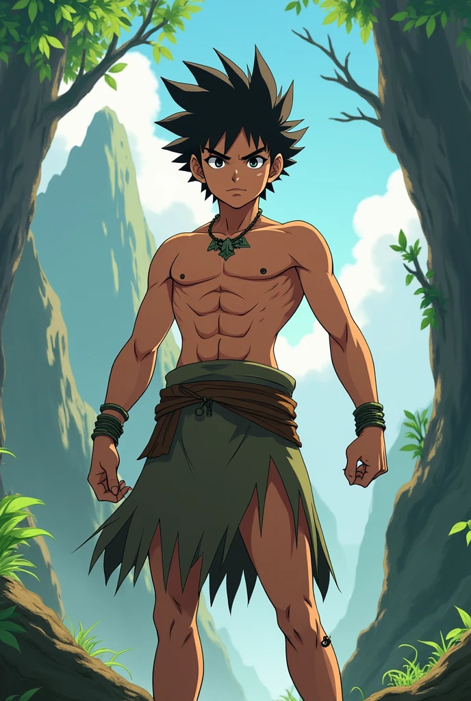 Young boy, ager, anime, long black hair, yellow lizard eyes, scar on the mouth, athletic and strong body, Wearing a brown tunic with green details, in a forest full of lizards, anime style