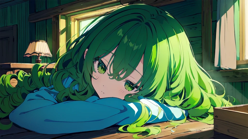  very detailed,  detailed background,　(Best Quality, masterpiece,  high definition),  one girl playing pranks,　 discreet ,　(green curly hair :1.4),  long green voluminous hair, pajamas,　Long Hair、　( Knight :1.4),　 dim room sitting in a wooden box, (bluish light:1.4),　Sleeping together style, long lashes, Gentle Expression 