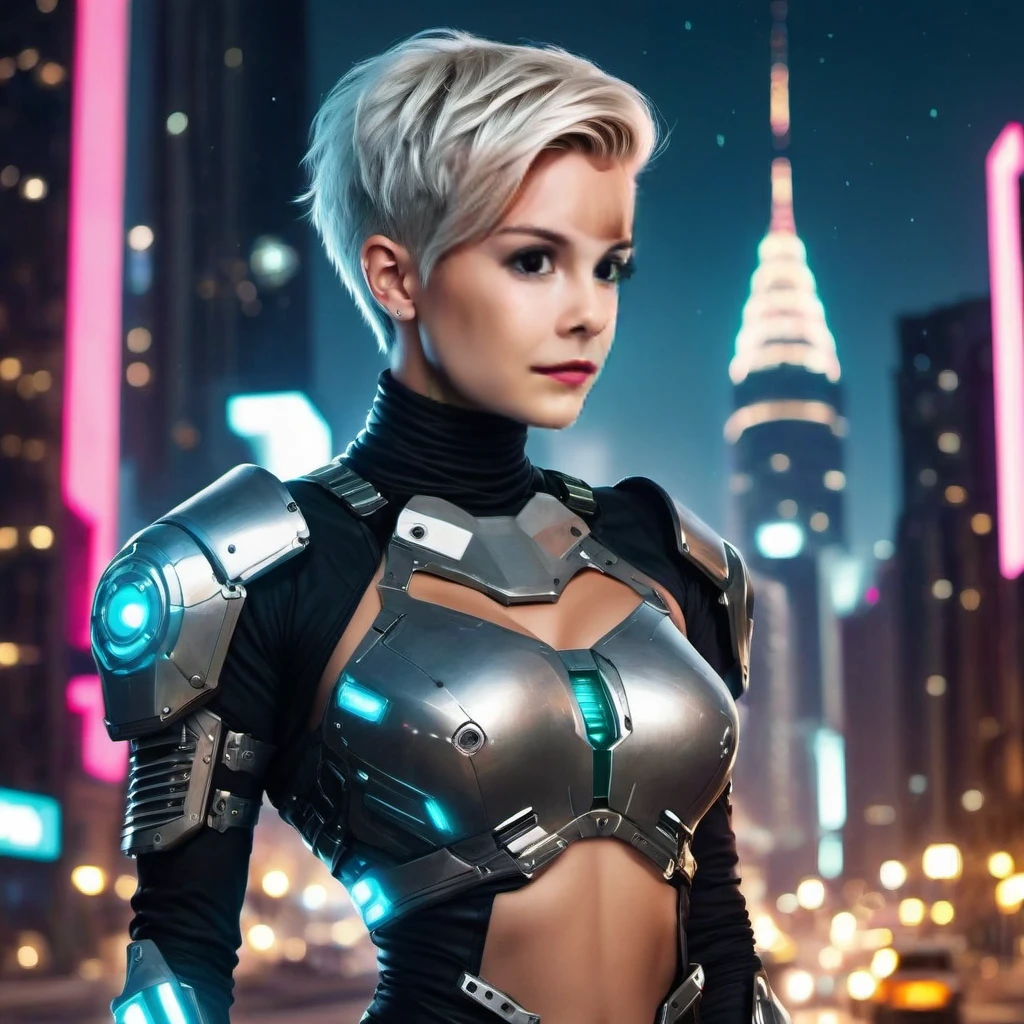 Stefania Ferrario short blue and white hair, wearing cyberpunk armor at night on top of a building, 8k, artgerm julie bell beeple, Wojtek FUS, bipe. hyper- realism, arte do bipe, Beeple Daily Art