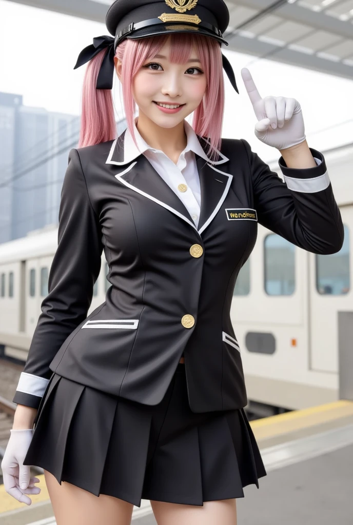 1girl,gal,standing,extending arm toward viewers,pointing with index finger,conductor,black uniform,hat,clenched teeth,large breasts, white glove,(gold, pink hair, two-tone),long hair,side ponytail,black ribbon
masterpiece,best quality,delicate illustration,ultra-detailed,
BREAK train station platform,stopped train,detailed background