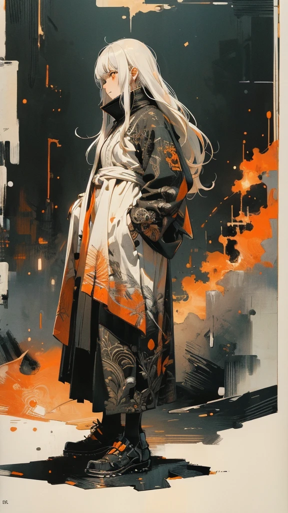 style of Tsutomu Nihei,(incredibly absurdres, (high resolution:1.18), intricate detail, (masterpiece:1.1), (highest quality:1.1), absurdres),(1girl, portrait, white hair, orange eyes, long hair, detailed eyes),