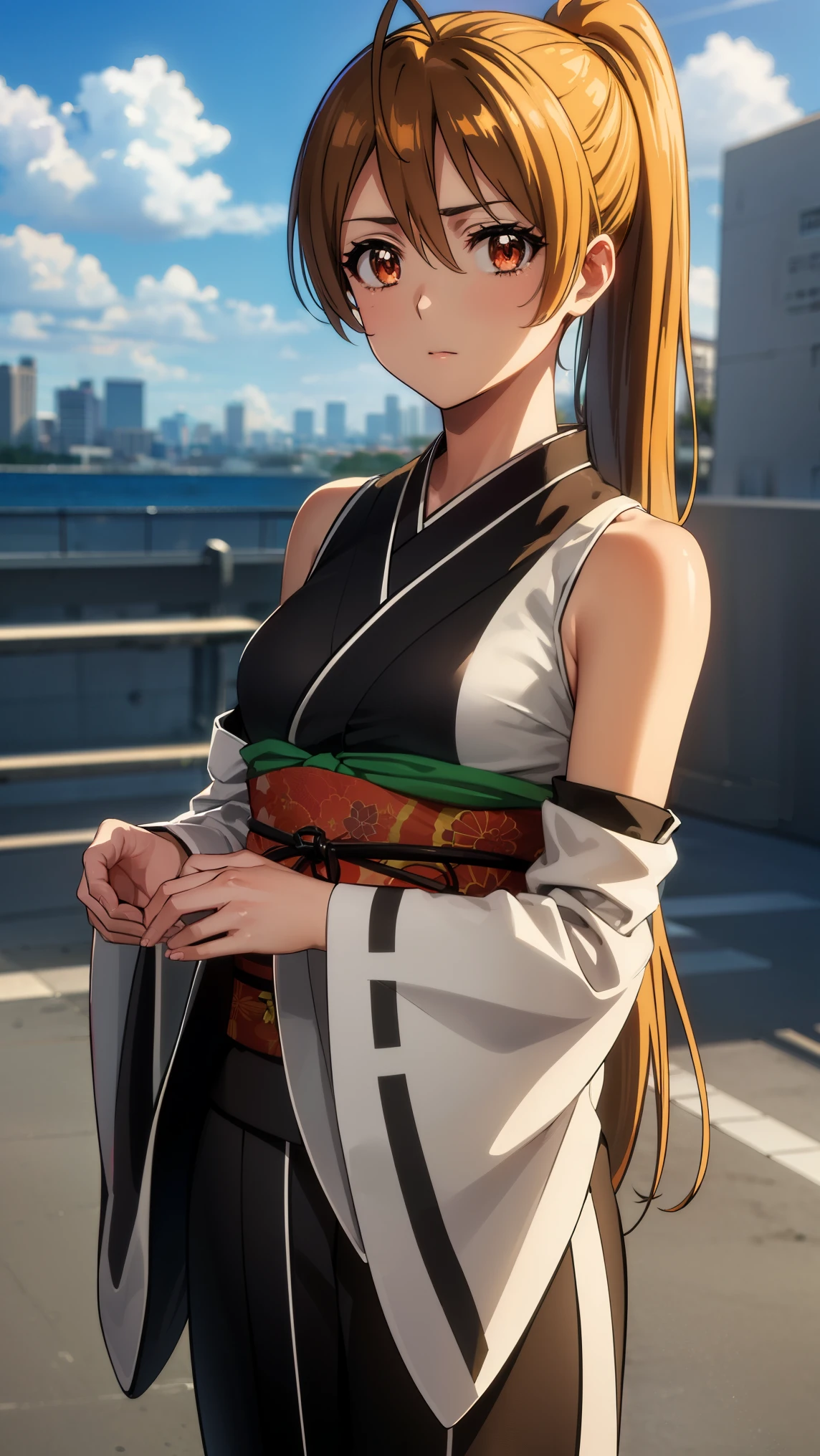 reimiyamoto, rei miyamoto, long hair, brown hair, (brown eyes:1.5), antenna hair, ponytail,
BREAK ((japanese clothes, black kimono, sleeveless, detached sleeves:1.2)),
BREAK outdoors, city, zombies, sun, sky, clouds, cars,
BREAK looking at viewer, (cowboy shot:1.5),
BREAK (masterpiece:1.2), best quality, high resolution, unity 8k wallpaper, (illustration:0.8), (beautiful detailed eyes:1.6), extremely detailed face, perfect lighting, extremely detailed CG, (perfect hands, perfect anatomy),