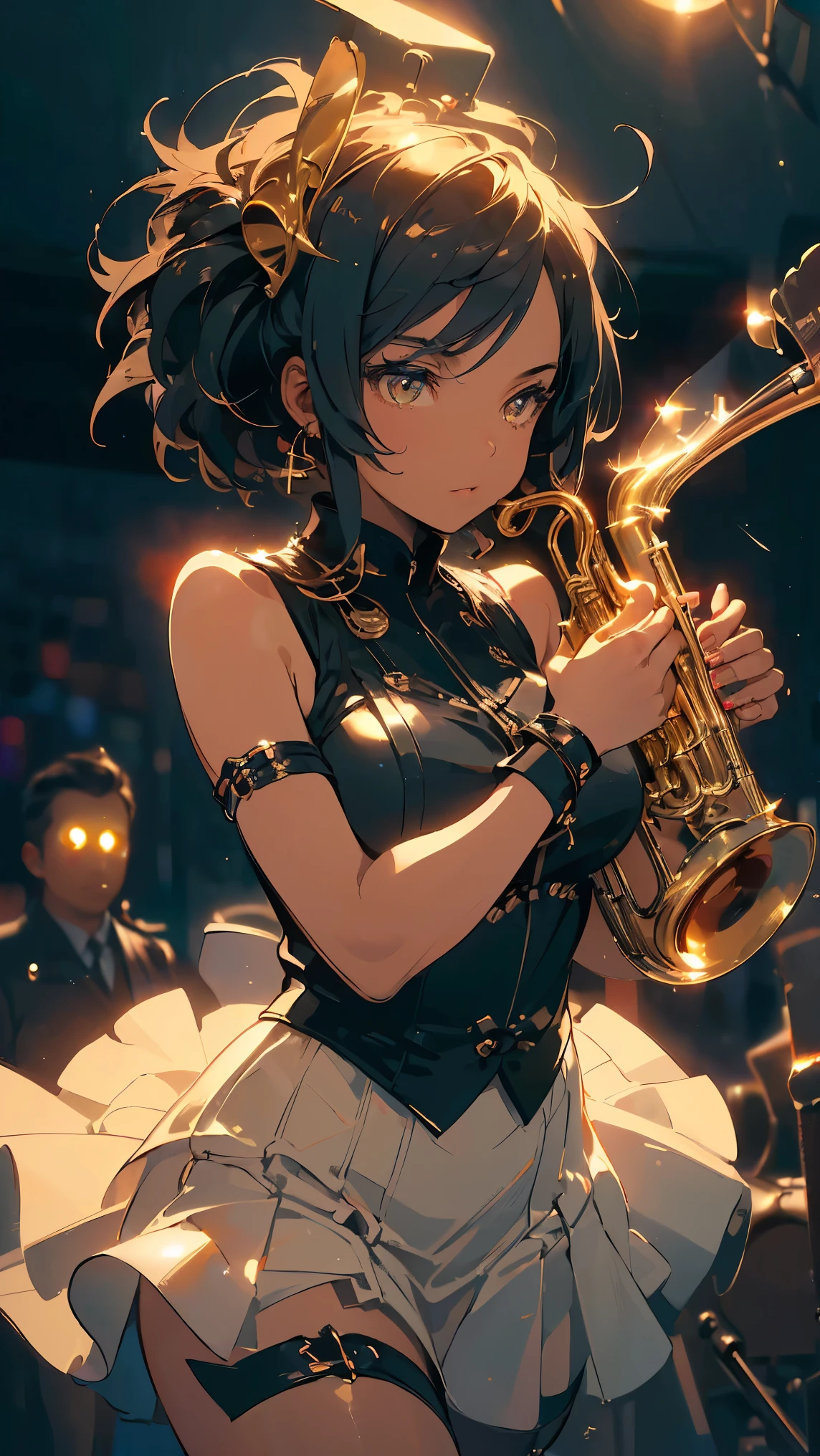 (((Best quality, 8k, Masterpiece: 1.3)), ((best quality)), ((masterpiece)), (detailed), perfect face, A powerful image of a Black female jazz trumpeter playing her trumpet passionately on stage. She has a confident, soulful expression, and she wears a stylish outfit with vibrant colors that evoke a jazz club atmosphere. The background is dimly lit, with warm, moody lighting, and hints of musical instruments and vintage jazz club decor. Her stance and posture show energy and charisma as she performs, with her trumpet reflecting the stage lights. The overall ambiance captures the soulful and expressive vibe of jazz music.