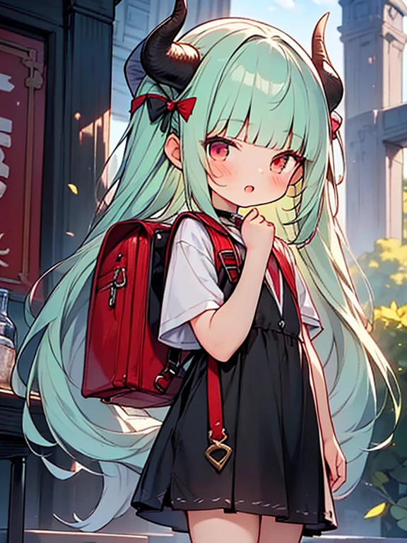 masterpiece,best quality,ultra detailed,
dragon god girl, (((loli, young, petite))), Buffalo-like dragon horns, light green hair, very long twin tails, very voluminous hair, (((blunt bangs))), Red backpack, school bag,