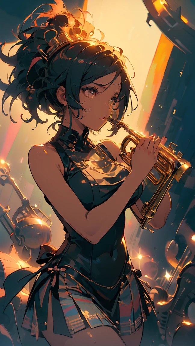 (((Best quality, 8k, Masterpiece: 1.3)), ((best quality)), ((masterpiece)), (detailed), perfect face, A powerful image of a Black female jazz trumpeter playing her trumpet passionately on stage. She has a confident, soulful expression, and she wears a stylish outfit with vibrant colors that evoke a jazz club atmosphere. The background is dimly lit, with warm, moody lighting, and hints of musical instruments and vintage jazz club decor. Her stance and posture show energy and charisma as she performs, with her trumpet reflecting the stage lights. The overall ambiance captures the soulful and expressive vibe of jazz music.