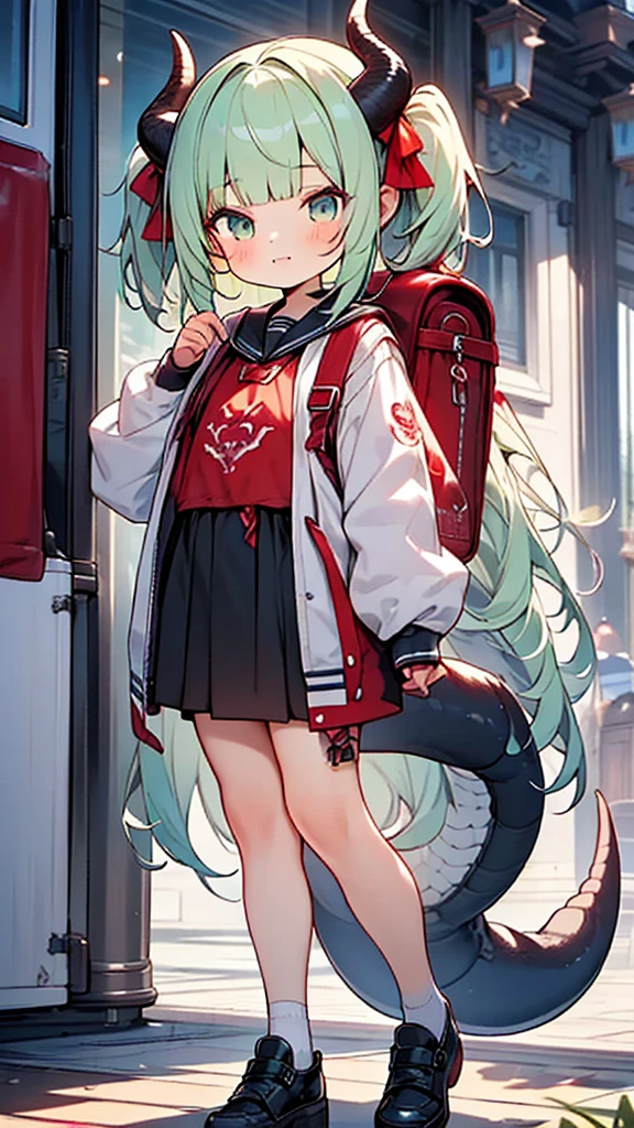 masterpiece,best quality,ultra detailed,
dragon god girl, (((loli, young, petite))), Buffalo-like dragon horns, light green hair, very long twin tails, very voluminous hair, (((blunt bangs))), Red backpack, school bag,