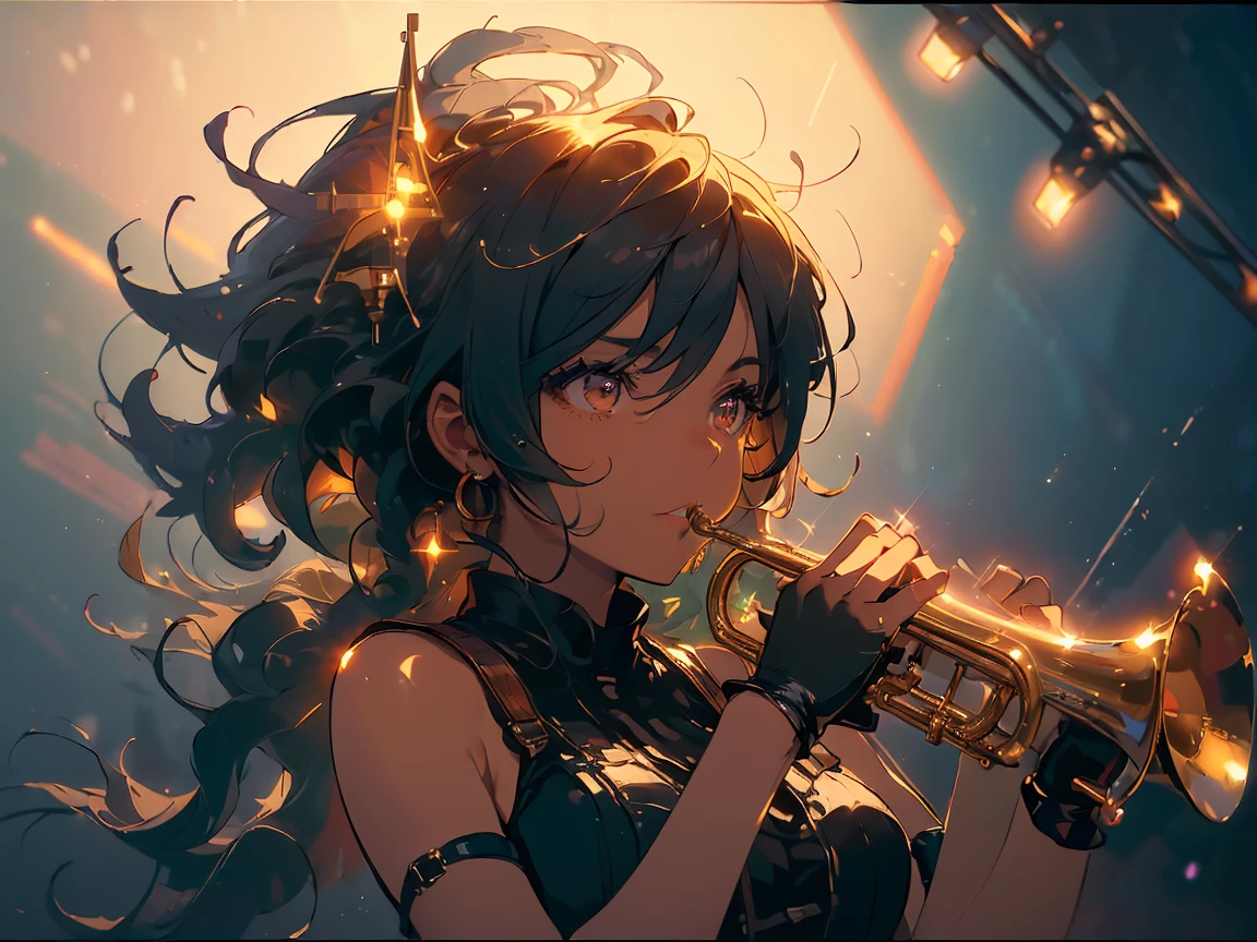 (((Best quality, 8k, Masterpiece: 1.3)), ((best quality)), ((masterpiece)), (detailed), perfect face, A powerful image of a Black female jazz trumpeter playing her trumpet passionately on stage. She has a confident, soulful expression, and she wears a stylish outfit with vibrant colors that evoke a jazz club atmosphere. The background is dimly lit, with warm, moody lighting, and hints of musical instruments and vintage jazz club decor. Her stance and posture show energy and charisma as she performs, with her trumpet reflecting the stage lights. The overall ambiance captures the soulful and expressive vibe of jazz music.