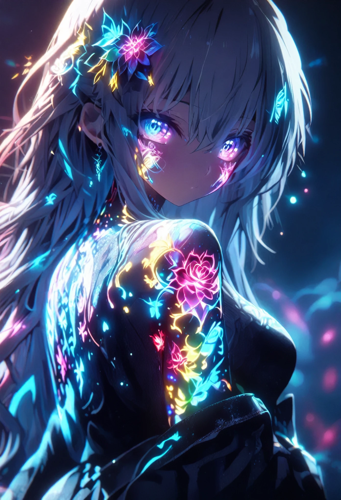 Anime Screenshot, artistic illustration of a female anime character adorned with glowing neon roses and doragon energy tattoo, The tattoo on her body and face, white, Rainbow color, Emits neon light, That girl is long, Flowing Hair, This scene has a dreamy soft focus effect, Enhances the dreamy glow of your tattoo