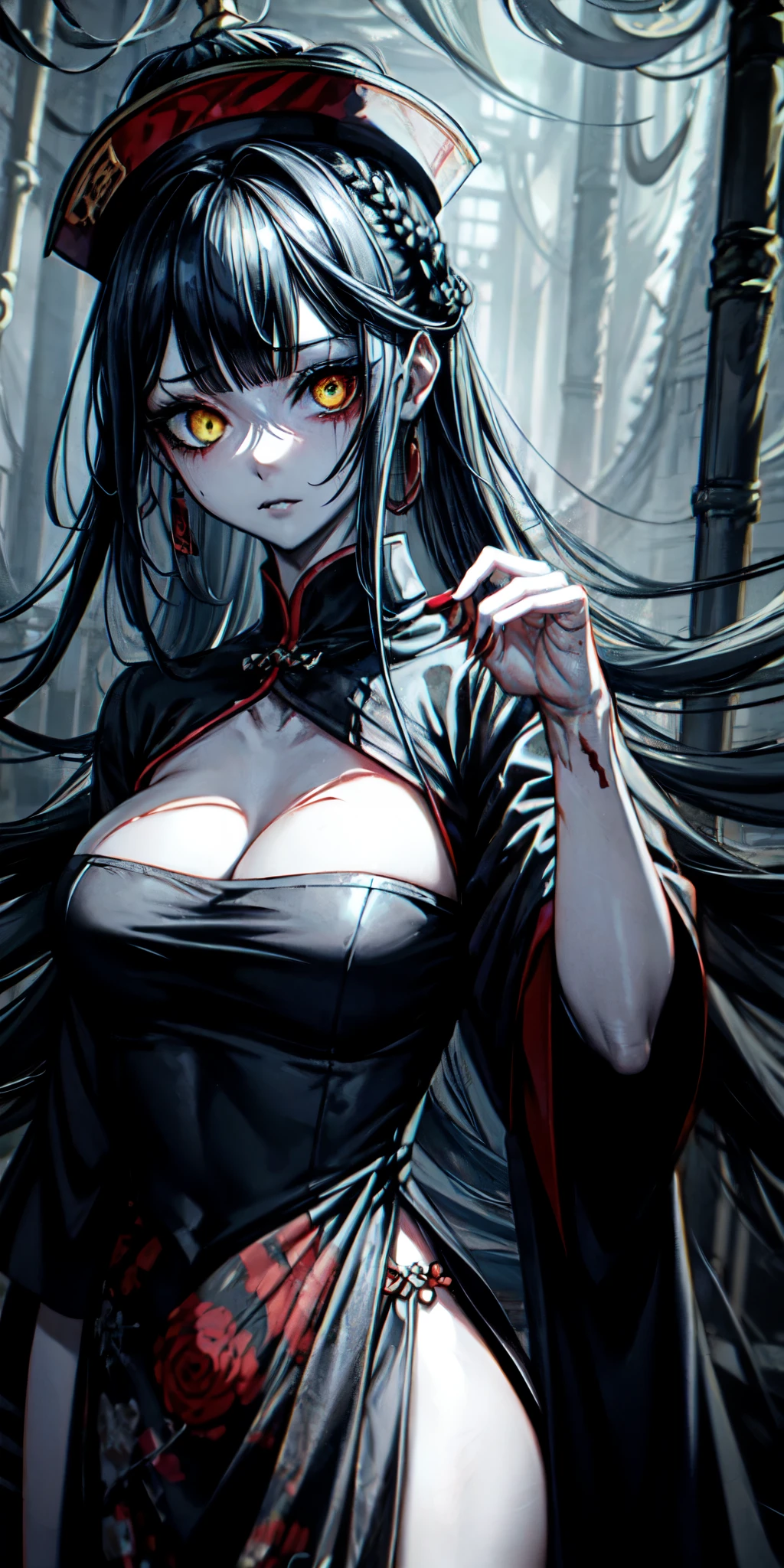 lora:flat:-1.2, masterpiece, best quality, 4k, 8k, 1 woman, solo, pale skin, tall stature, long hair, blunt bangs, side braid, black hair, ugly face, bad face, bad eyes, droopy eyes, unclear eyes, ruby red eyes, lemon yellow eyes, pale skin, black eyeliner, black eye shadow, heterochromia, slender frame, frightened, ofuda, jiangshi costume:1.2, sheath long skirt, China dress, fang, horror, coffin, forest, dark night, stormy weather, fog, from front, cowboy shot, look at viewer