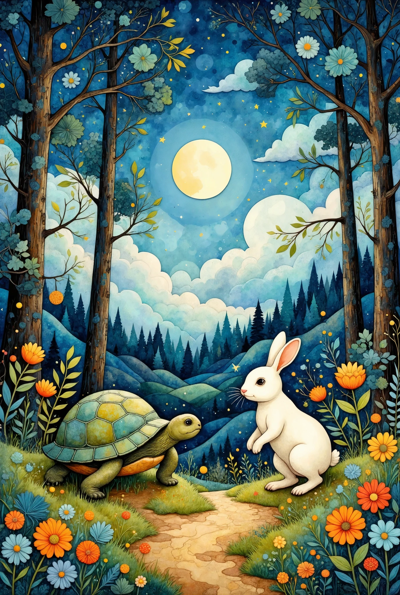 Handmade style,Picture books,Rabbits and turtles compete in the forest,cute, comical , minimalist, dynamic,front