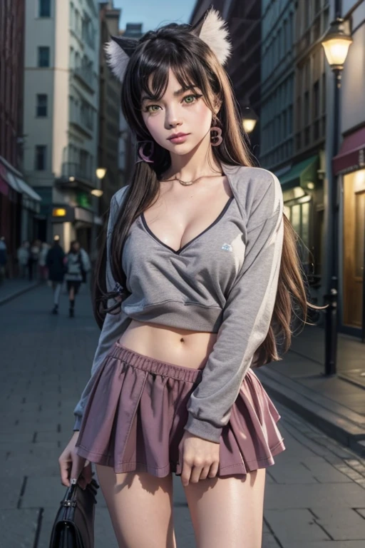 8K,Alta definición,3D,  Professional lighting , masterpiece ,1 girl,rem,Cat ears, black hair , long hair , green eyes,green eyes,large breasts,neckline,(grey sweatshirt,grey sweatshirt abierta del pecho, grey sweatshirt desabrochada,Expose Your Breasts )Pink mini skirt,Pink uper pequeña, sexy pink miniskirt ,muslos grandes,on the street...