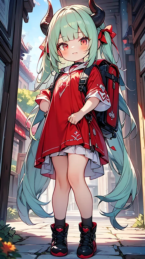 masterpiece,best quality,ultra detailed,
dragon god girl, (((li, young, petite))), Buffalo-like dragon horns, light green hair, very long twin tails, very voluminous hair, (((blunt bangs))), Red backpack with dragon on it, school bag,