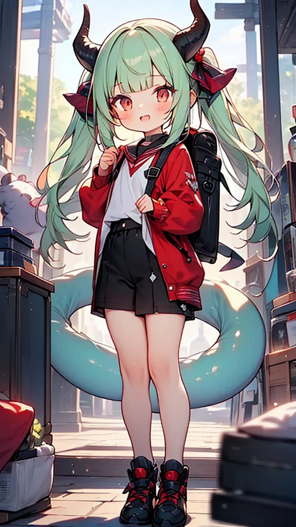 masterpiece,best quality,ultra detailed,
dragon god girl, (((loli, young, petite))), Buffalo-like dragon horns, light green hair, very long twin tails, very voluminous hair, (((blunt bangs))), Red backpack with dragon on it, school bag,