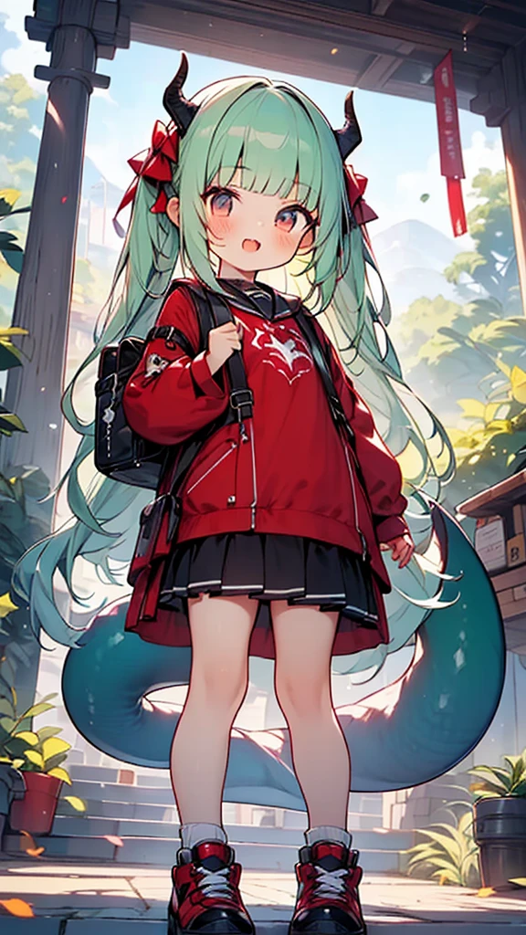 masterpiece,best quality,ultra detailed,
dragon god girl, (((li, young, petite))), Buffalo-like dragon horns, light green hair, very long twin tails, very voluminous hair, (((blunt bangs))), Red backpack with dragon on it, school bag,