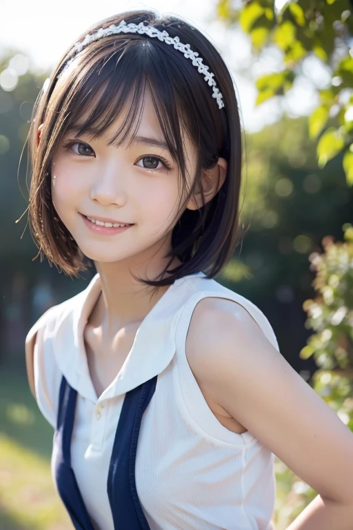 outdoor, school, idol, One girl, Japanese, Middle school students, Elementary school student, prety, Sparkling eyes, No body hair, Thin legs, Attention to detail, Highest quality, High resolution, bobbed hair, short bob, school uniform, Middle school students, Elementary school student, 10years old, upper body, sunset, moonlight, close up of face, smile, to be lost in thought, see through, no under wears, hairband, upskirt, Anatomically correct, Textured skin, high quality, high quality, high details, best quality, highres, super detail, accurate, high details, best quality, highres, super detail, accurate