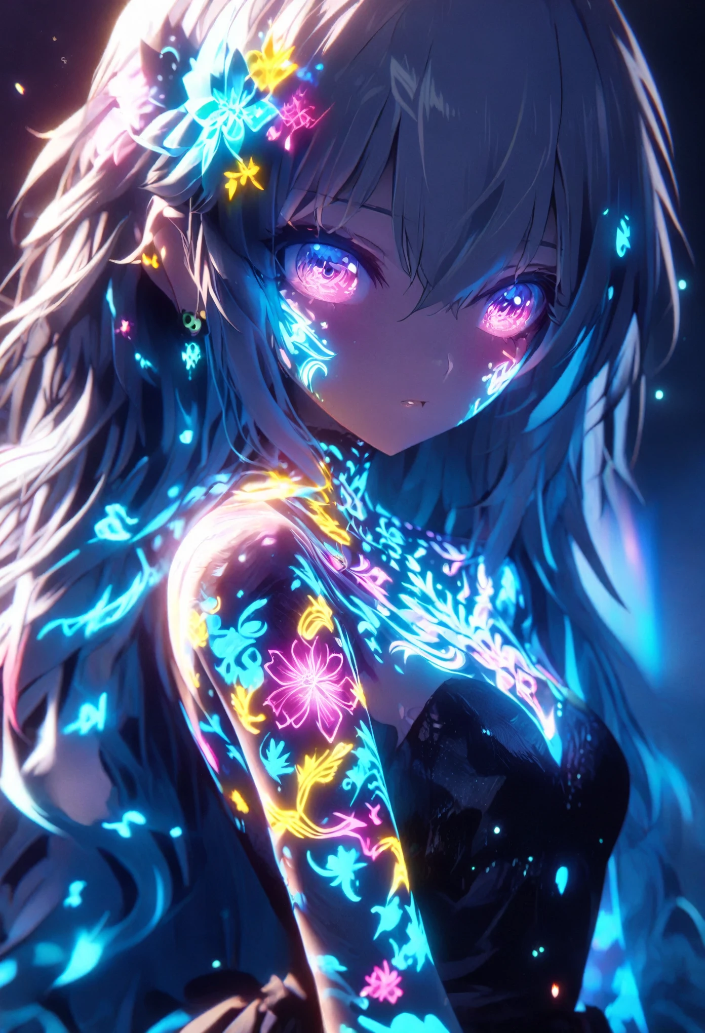 Anime Screenshot, artistic illustration of a female anime character adorned with glowing neon sakura energy tattoo, The tattoo on her body and face, white, Rainbow color, Emits neon light, That girl is long, Flowing Hair, This scene has a dreamy soft focus effect, Enhances the dreamy glow of your tattoo