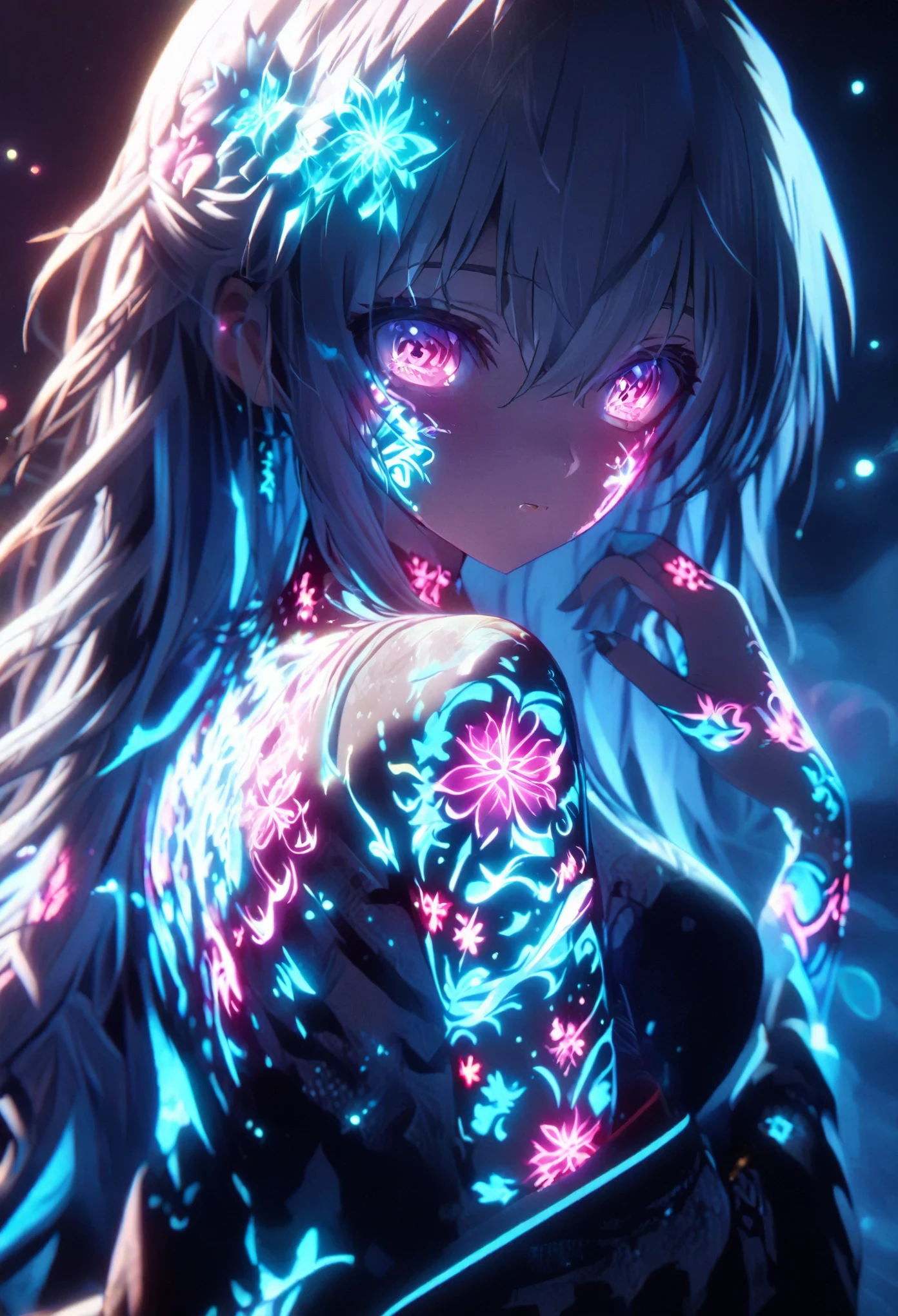 Anime Screenshot, artistic illustration of a female anime character adorned with glowing neon sakura energy tattoo, The tattoo on her body and face, white, Rainbow color, Emits neon light, That girl is long, Flowing Hair, This scene has a dreamy soft focus effect, Enhances the dreamy glow of your tattoo