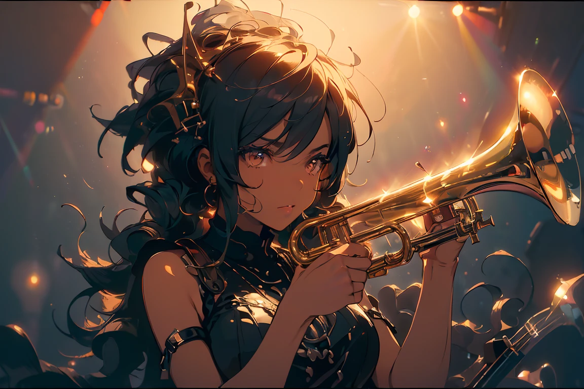 (((Best quality, 8k, Masterpiece: 1.3)), ((best quality)), ((masterpiece)), (detailed), perfect face, A powerful image of a Black female jazz trumpeter playing her trumpet passionately on stage. She has a confident, soulful expression, and she wears a stylish outfit with vibrant colors that evoke a jazz club atmosphere. The background is dimly lit, with warm, moody lighting, and hints of musical instruments and vintage jazz club decor. Her stance and posture show energy and charisma as she performs, with her trumpet reflecting the stage lights. The overall ambiance captures the soulful and expressive vibe of jazz music.