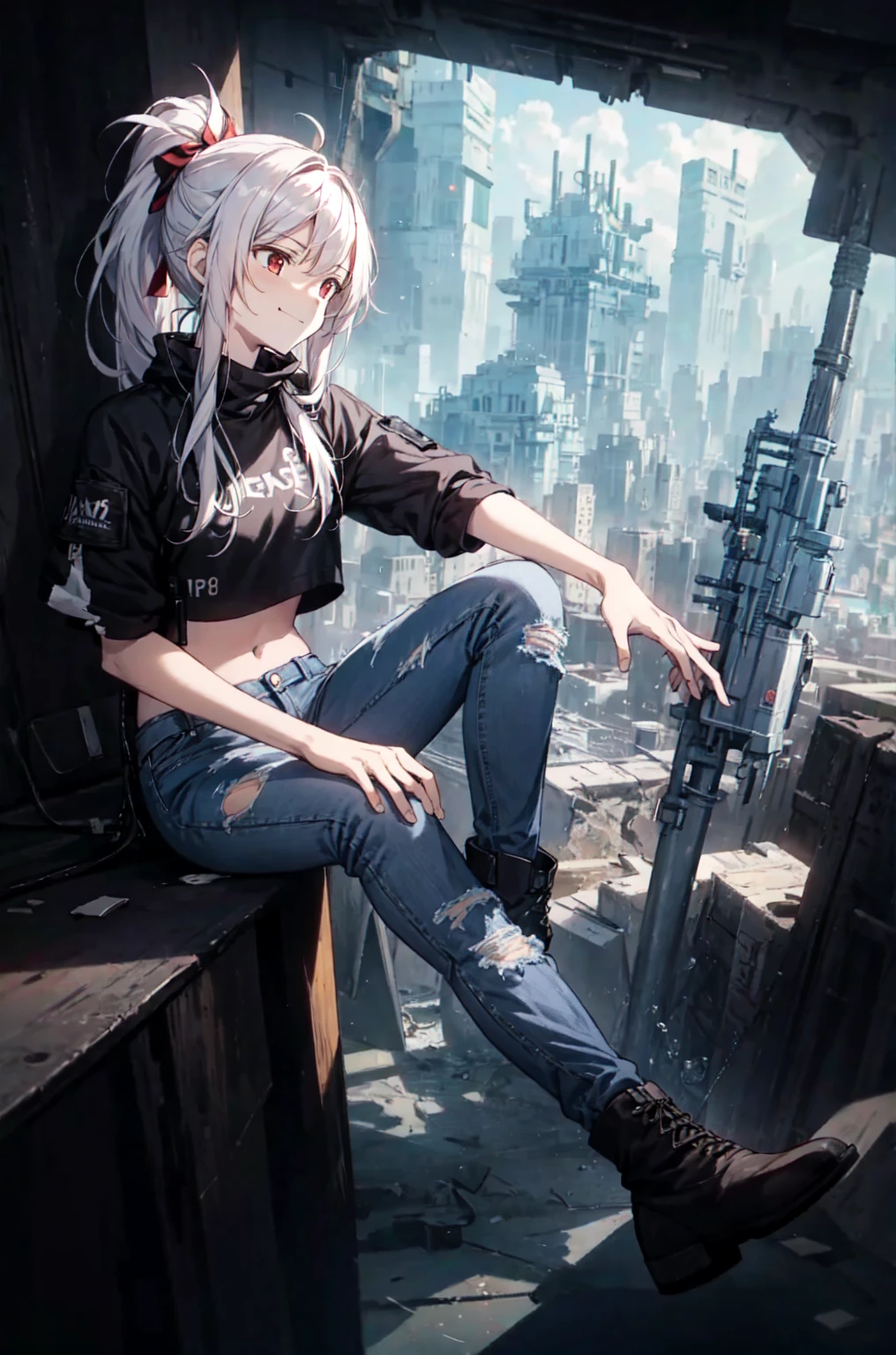 masterpiece, best quality, (detailed anime, video game art, extremely detailed CG unity 8k wallpaper), (best quality), (best illustration), (best shadow), absurdres, realistic lighting, (Abyss), dynamic pose, solo, senti, red eyes, white hair, ponytail with bangs, messy hair, smirking, crop top, model, jeans, torn jeans, broken jeans, boots, techwear, futuristic city, high tech