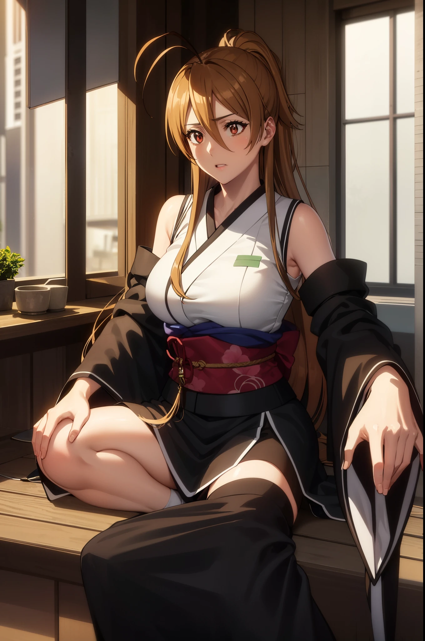 reimiyamoto, rei miyamoto, long hair, brown hair, (brown eyes:1.5), antenna hair, ponytail,
BREAK ((japanese clothes, black kimono, sleeveless, detached sleeves:1.2)),
BREAK (masterpiece:1.2), best quality, high resolution, unity 8k wallpaper, (illustration:0.8), (beautiful detailed eyes:1.6), extremely detailed face, perfect lighting, extremely detailed CG, (perfect hands, perfect anatomy),