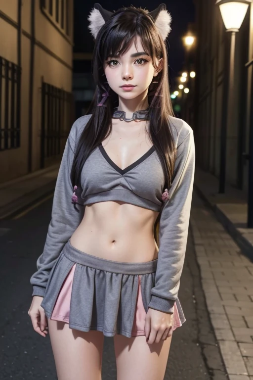 8K,Alta definición,3D,  Professional lighting , masterpiece ,1 girl,rem,Cat ears, black hair , long hair , green eyes,green eyes,large breasts,95cm chest ,neckline,(grey sweatshirt,grey sweatshirt abierta del pecho, grey sweatshirt desabrochada,Expose Your Breasts )Pink mini skirt,Pink uper pequeña, sexy pink miniskirt ,muslos grandes,on the street...