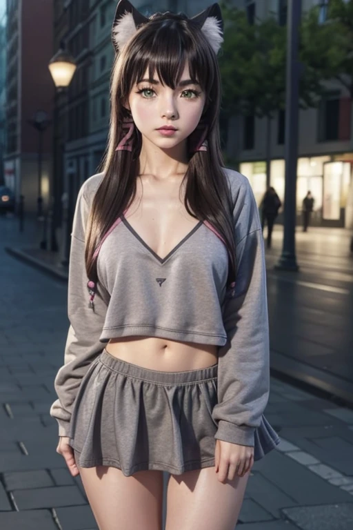 8K,Alta definición,3D,  Professional lighting , masterpiece ,1 girl,rem,Cat ears, black hair , long hair , green eyes,green eyes,large breasts,95cm chest ,neckline,(grey sweatshirt,grey sweatshirt abierta del pecho, grey sweatshirt desabrochada,Expose Your Breasts )Pink mini skirt,Pink uper pequeña, sexy pink miniskirt ,muslos grandes,on the street...