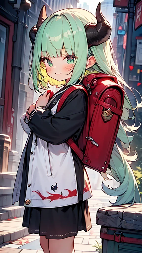 masterpiece,best quality,ultra detailed,
dragon god girl, (((loli, young, petite))), Buffalo-like dragon horns, light green hair, very long twin tails, very voluminous hair, (((blunt bangs))), (dragon print Red backpack), school bag,from side,smile,