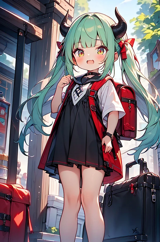 masterpiece,best quality,ultra detailed,
dragon god girl, (((loli, young, petite))), Buffalo-like dragon horns, light green hair, very long twin tails, very voluminous hair, (((blunt bangs))), Red backpack, school bag,