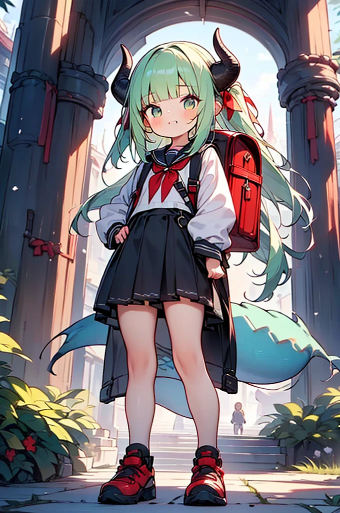 masterpiece,best quality,ultra detailed,
dragon god girl, (((loli, young, petite))), Buffalo-like dragon horns, light green hair, very long twin tails, very voluminous hair, (((blunt bangs))), Red backpack, school bag,